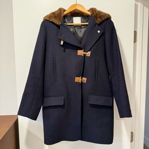 Sandro wool faux fur navy hooded coat